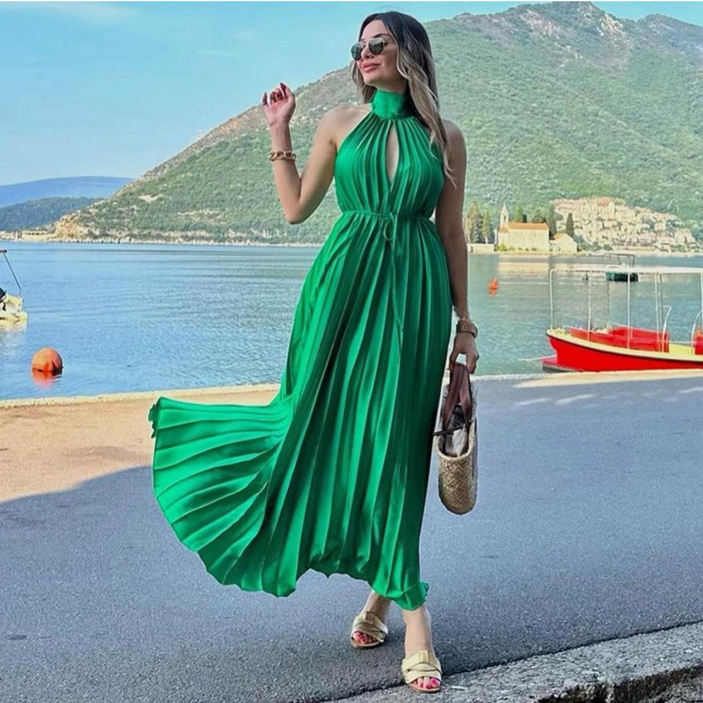 MANGO NWT BLOGGER FAVE Green Pleated Tie Neck Halter Midi Dress Sz 8 - Picture 6 of 17